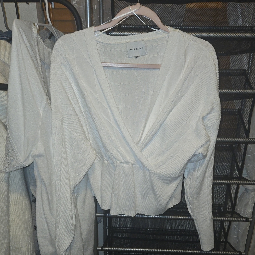 Pink Rose Cream Wrap Sweater